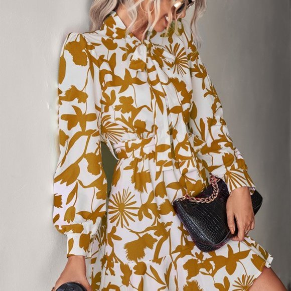 Floral Tie Neck Belted Puff Sleeve Dress - Picture 3 of 6